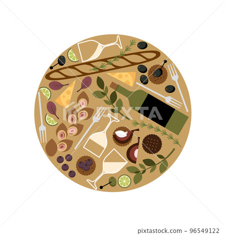Circular mark illustration of white wine, bread and snacks Circular mark illustration of white wine, bread and snacks 96549122