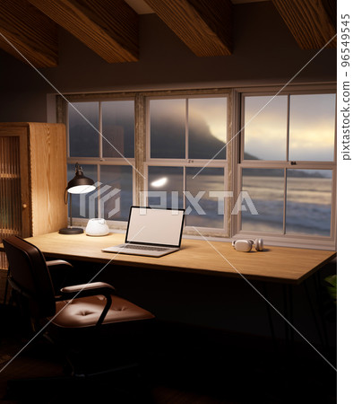Cozy wood home working room with laptop mockup, table lamp, headphones on wood table Cozy wood home working room with laptop mockup, table lamp, headphones on wood table 96549545