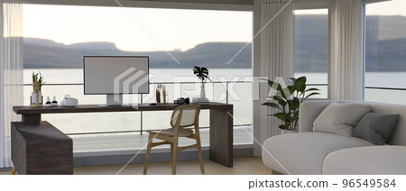 Modern contemporary home working room interior with computer mockup on wood table 96549584