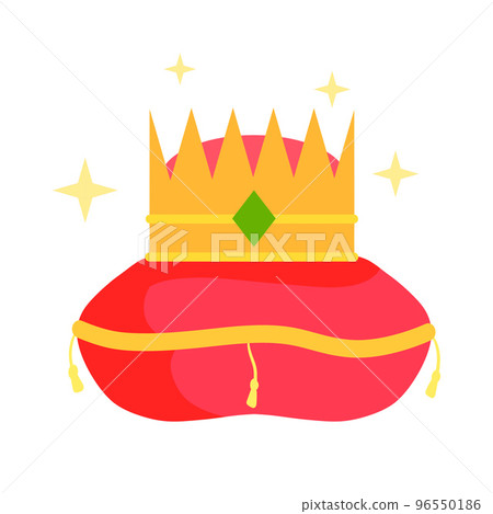 Crown on pillow. Luxury red cushion. Icon of coronation of king and queen. Victory and reward. 96550186