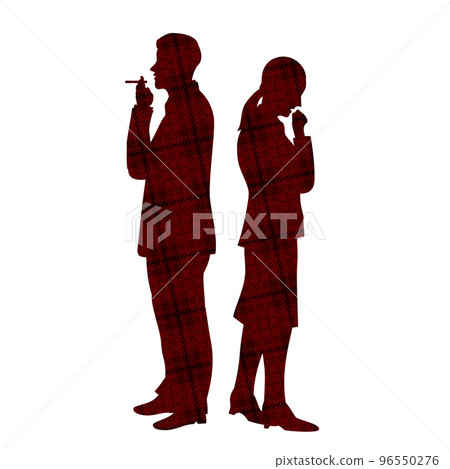 抽煙的受薪工人和咳嗽的女人格子圖案的剪影插圖 抽煙的受薪工人和咳嗽的女人格子圖案的剪影插圖 96550276