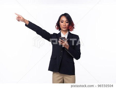Half body Tanned skin Asian Indian woman points finger hand up to Sky, Business Blazer female has confident smart hold smart phone to future empty area air, studio white background isolated Half body Tanned skin Asian Indian woman points finger hand up to Sky, Business Blazer female has confident smart hold smart phone to future empty area air, studio white background isolated 96550504