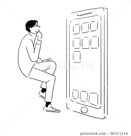 A line drawing of a man sitting in front of a mobile phone and thinking 96551244