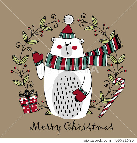 Merry Christmas greeting card. Cute white bear in a scarf in winter. Doodle style. Vector. 96551589
