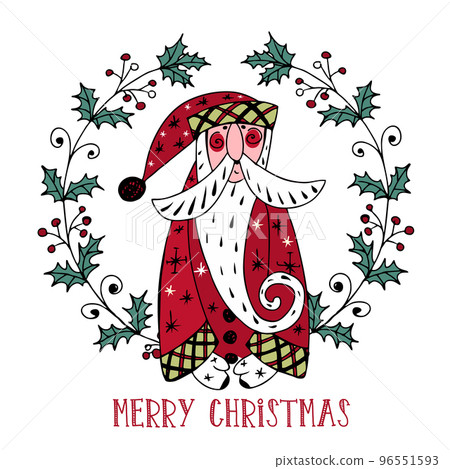 Christmas card with Santa Claus in a Christmas wreath. Doodle style. Vector. 96551593