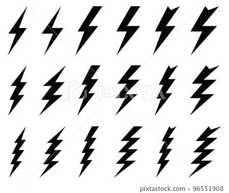 Black icons of thunder and flash lighting on a white background Black icons of thunder and flash lighting on a white background 96551908