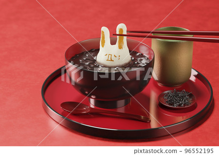 Oshiruko set with rabbit rice cake (actual food) / Year of the Rabbit, New Year's food, New Year's card, New Year's graphic image 96552195