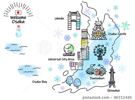 Simple line drawing illustration map of tourist spots in Osaka in winter 96552480