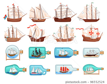 Ancient ship boat with white canvas and old miniature vessels in bottles set. Sailboat souvenirs cartoon vector 96552524