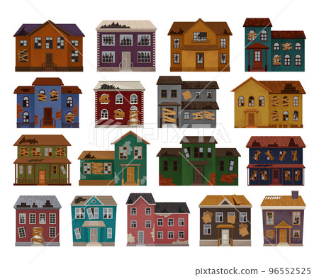 Abandoned Houses and Two-storeyed Buildings with Boarded up Windows and Ruined Roof Big Vector Set Abandoned Houses and Two-storeyed Buildings with Boarded up Windows and Ruined Roof Big Vector Set 96552525