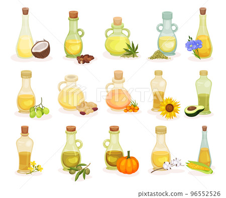 Set of different food oils in glass bottles. Glass jugs of natural, organic healthy oil products cartoon vector 96552526