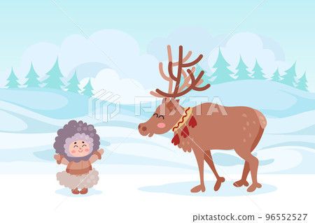 Cute happy eskimo indigenous girl and reindeer on northern landscape cartoon vector 96552527