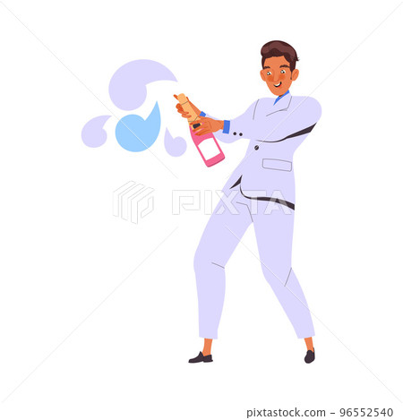 Cheerful Man Character Popping Champagne Bottle Celebrating New Year Holiday Vector Illustration Cheerful Man Character Popping Champagne Bottle Celebrating New Year Holiday Vector Illustration 96552540