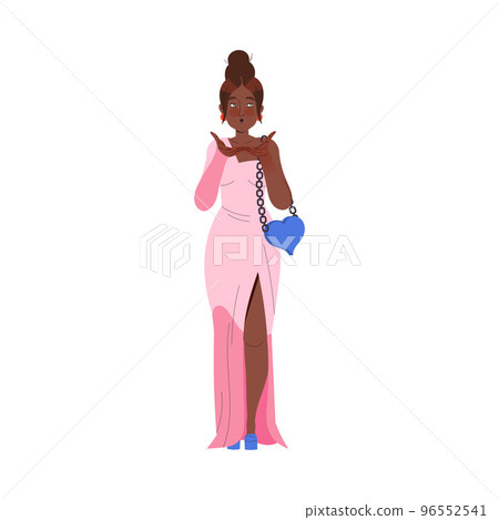 Cheerful Woman Character in Pink Dress Air Kissing Celebrating New Year Holiday Vector Illustration 96552541