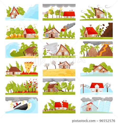 Natural disasters set. Fire, flood, hurricane, typhoon, volcano eruption, drought cartoon vector Natural disasters set. Fire, flood, hurricane, typhoon, volcano eruption, drought cartoon vector 96552576