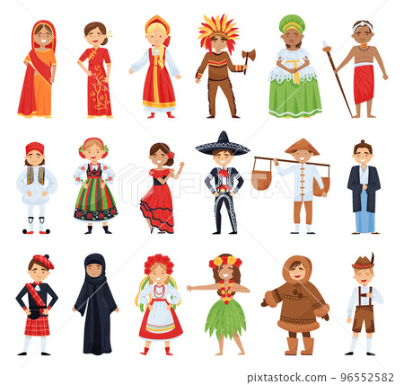 People dressed in costumes of various countries. Children in national costumes cartoon vector 96552582