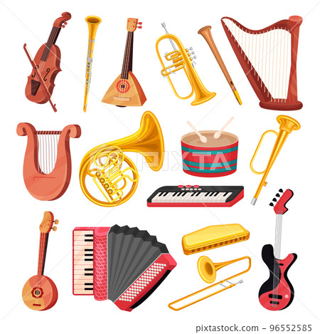 Different Musical Instrument with Stringed, Wind and Percussion Like Violin, Drum, Harp, Trumpet, Keyboard and Trombone Vector Set 96552585
