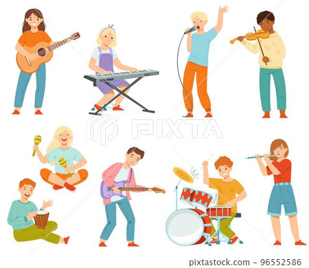 Happy Teen Boy and Girl Playing Different Musical Instruments and Singing Song Performing on Stage Vector Set 96552586