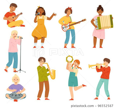 Happy Teen Boy and Girl Playing Different Musical Instruments and Singing Song Performing on Stage Vector Set 96552587