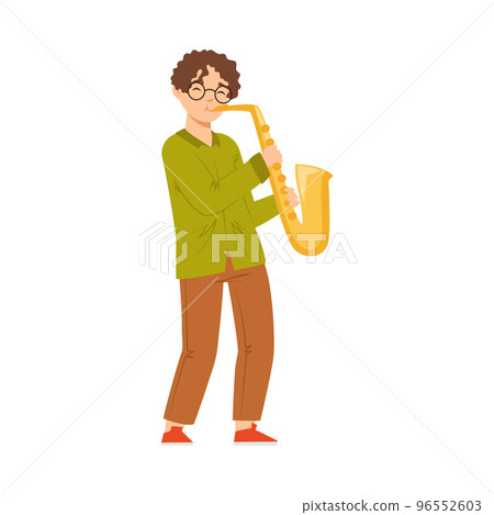 Teen Boy Standing and Playing Saxophone Performing on Stage Vector Illustration 96552603