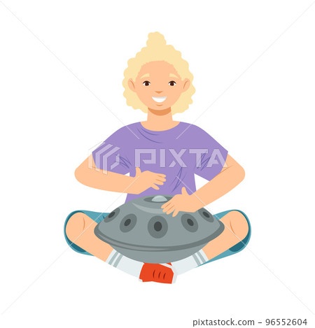 Smiling Teen Blond Girl Sitting and Playing Hang Performing on Stage Vector Illustration 96552604
