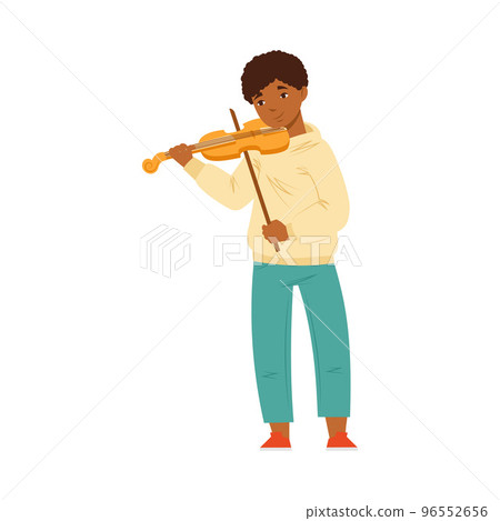 Smiling Teen African American Boy Standing and Playing Violin Performing on Stage Vector Illustration Smiling Teen African American Boy Standing and Playing Violin Performing on Stage Vector Illustration 96552656