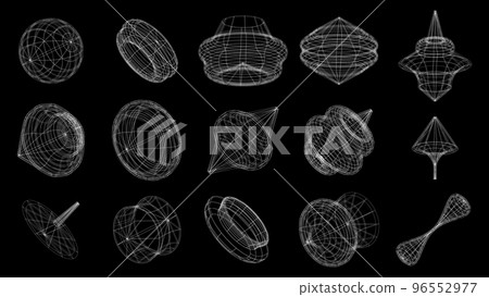 Set of abstract geometric technology elements in cyberpunk style. Retro vintage collection 3d virtual digital design. Texture 80s vr. Futuristic metaverse pattern. Vector isolated template background Set of abstract geometric technology elements in cyberpunk style. Retro vintage collection 3d virtual digital design. Texture 80s vr. Futuristic metaverse pattern. Vector isolated template background 96552977