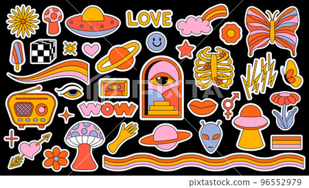 Set of hipster retro cool psychedelic elements. Collection stickers of groovy cliparts from the 70s 60s. Collage with trendy pop vibe with funky design element. Abstract background of cartoon sticker Set of hipster retro cool psychedelic elements. Collection stickers of groovy cliparts from the 70s 60s. Collage with trendy pop vibe with funky design element. Abstract background of cartoon sticker 96552979