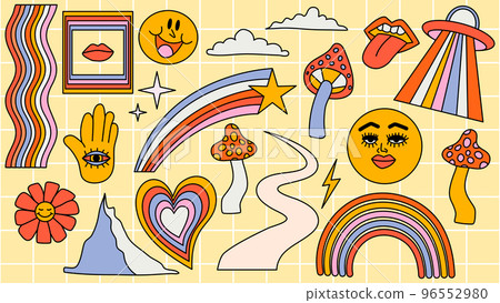 Set of hipster retro cool psychedelic elements. A collection of groovy cliparts from the 70s. editable stroke. Abstract design of cartoon stickers. Trend vector illustration. Set of hipster retro cool psychedelic elements. A collection of groovy cliparts from the 70s. editable stroke. Abstract design of cartoon stickers. Trend vector illustration. 96552980