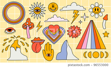 Set of hipster retro cool psychedelic elements. A collection of groovy cliparts from the 70s. editable stroke. Abstract design of cartoon stickers. Trend vector illustration. 96553000