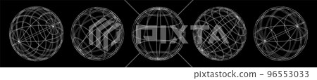 Set of abstract geometric technology elements in cyberpunk style. Retro vintage collection 3d virtual digital design. Texture 80s vr. Futuristic metaverse pattern. Vector isolated template background. 96553033