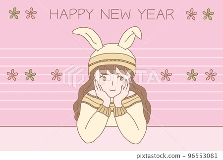 New Year's card illustration of a girl with long hair wearing a rabbit ear knit hat New Year's card illustration of a girl with long hair wearing a rabbit ear knit hat 96553081