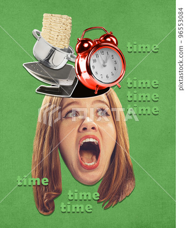 Contemporary art collage. Creative design. Young woman having many domestic duties to be done. Lack of time 96553084