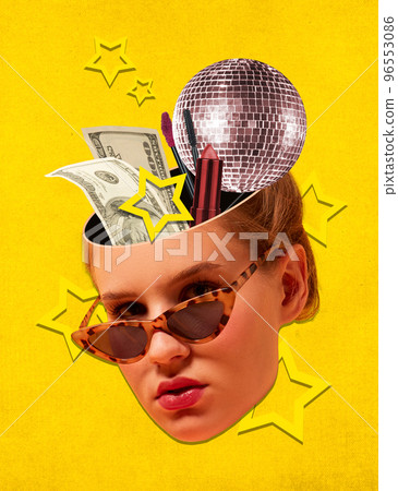 Contemporary art collage. Creative design. Young stylish girl dreaming about party, disco, money and beauty. Dreams inside head. Lifestyle of youth 96553086