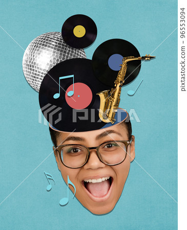 Contemporary art collage. Creative design. Cheerful young woman with musical instruments inside head symbolizing music and party lifestyle 96553094
