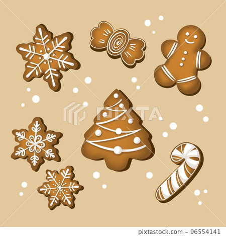 Hand Drawn Christmas Set with Gingerbread Cookies on beige background 96554141