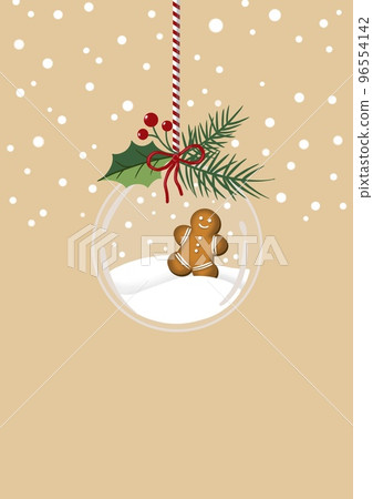 A glass sphere with a gingerbread man. Merry Christmas and Happy New Year card. A glass sphere with a gingerbread man. Merry Christmas and Happy New Year card. 96554142
