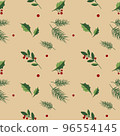 Floral winter seamless pattern with christmas tree branches and berries on beige background 96554145