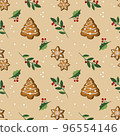 Hand Drawn Seamless Christmas Wallpaper with Gingerbread Cookies on beige background 96554146