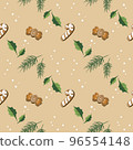 Hand Drawn Seamless Christmas Wallpaper with Gingerbread Cookies and branches of Christmas trees on beige background  96554148
