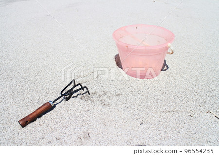 一把耙子和一個粉紅色的水桶 96554235