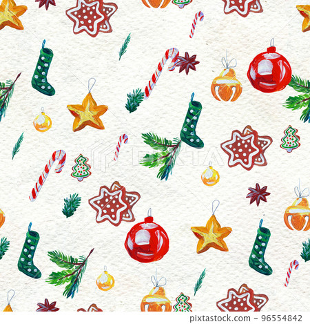 Watercolor Christmas seamless pattern. Hand painted holiday objects 96554842