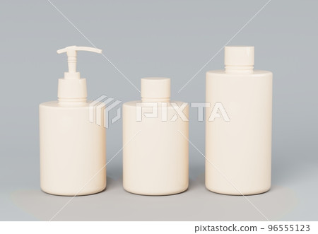 Three different beige cosmetic product bottles set template on gray background 3D render Three different beige cosmetic product bottles set template on gray background 3D render 96555123