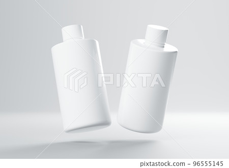 Two plastic shampoo bottles floating on gray background 3D render mockup 96555145