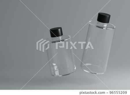 Two plastic shampoo bottles floating on gray background 3D render mockup 96555209