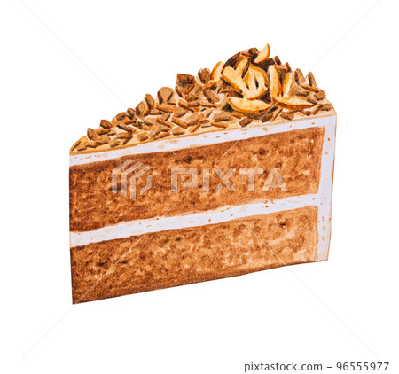 Chocolate cake with almonds slice, hand drawn watercolor 96555977