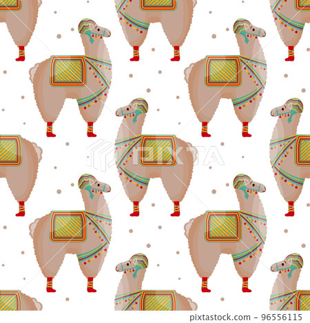 Seamless pattern, cute llamas in a hat with a saddle, mexican alpaca. Background, print, children's textile, vector Seamless pattern, cute llamas in a hat with a saddle, mexican alpaca. Background, print, children's textile, vector 96556115