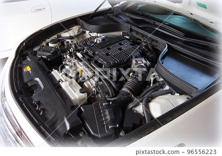 Engine room of a passenger car equipped with a V-type 6-cylinder gasoline engine (illustration style) 96556223