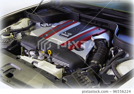 Engine room of a passenger car equipped with a V-type 6-cylinder gasoline engine (illustration style) Engine room of a passenger car equipped with a V-type 6-cylinder gasoline engine (illustration style) 96556224