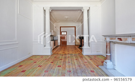 Empty apartment with two classical fireplaces and designed hardwood floor 96556579